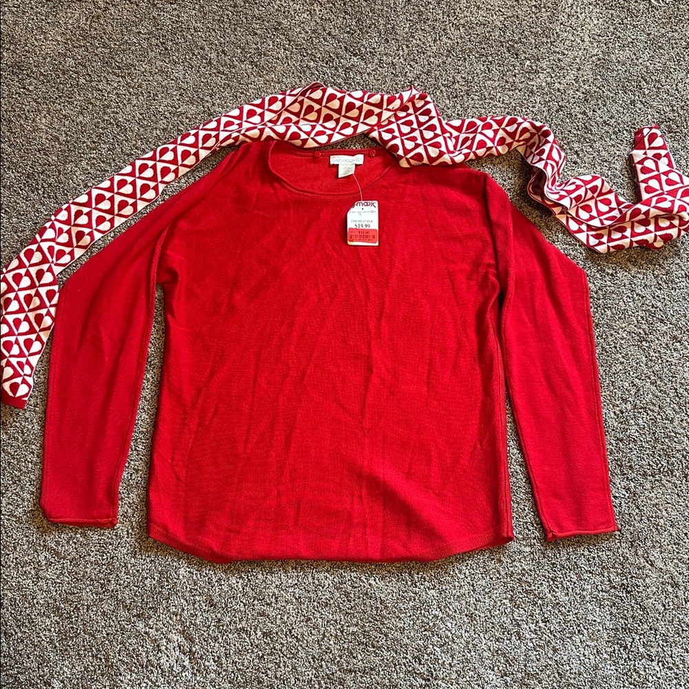 NWT Cynthia Rowley Vibrant Red Knit Top with heart scarf